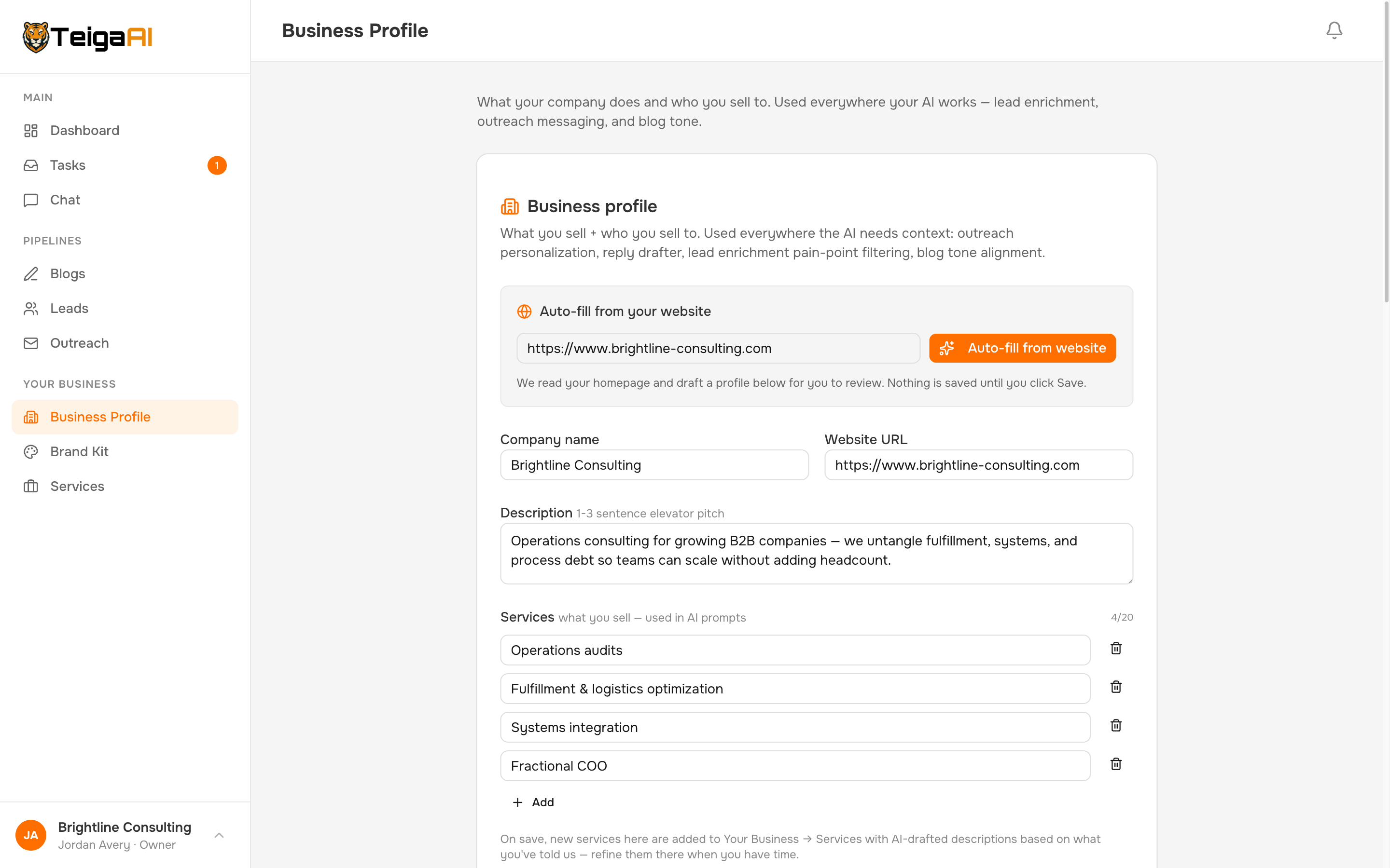 Business Profile auto-filled from a website scrape — services, ICP, differentiators