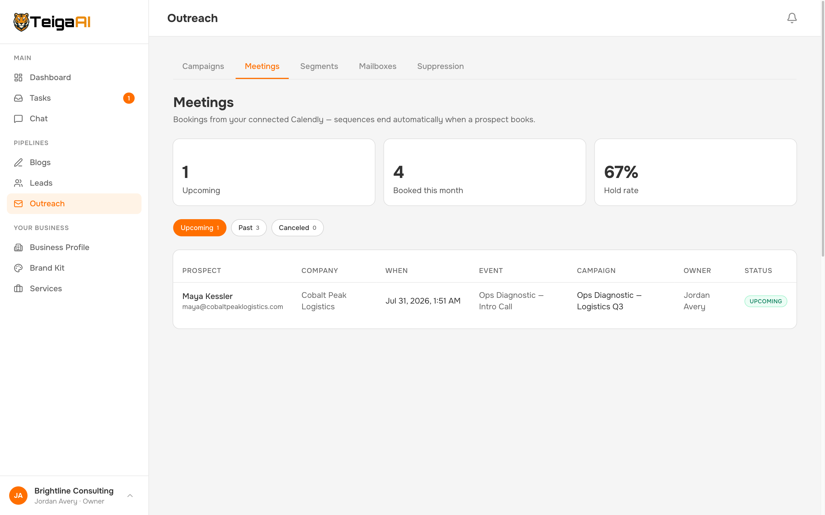 Meetings view with bookings attributed to campaigns and hold rate