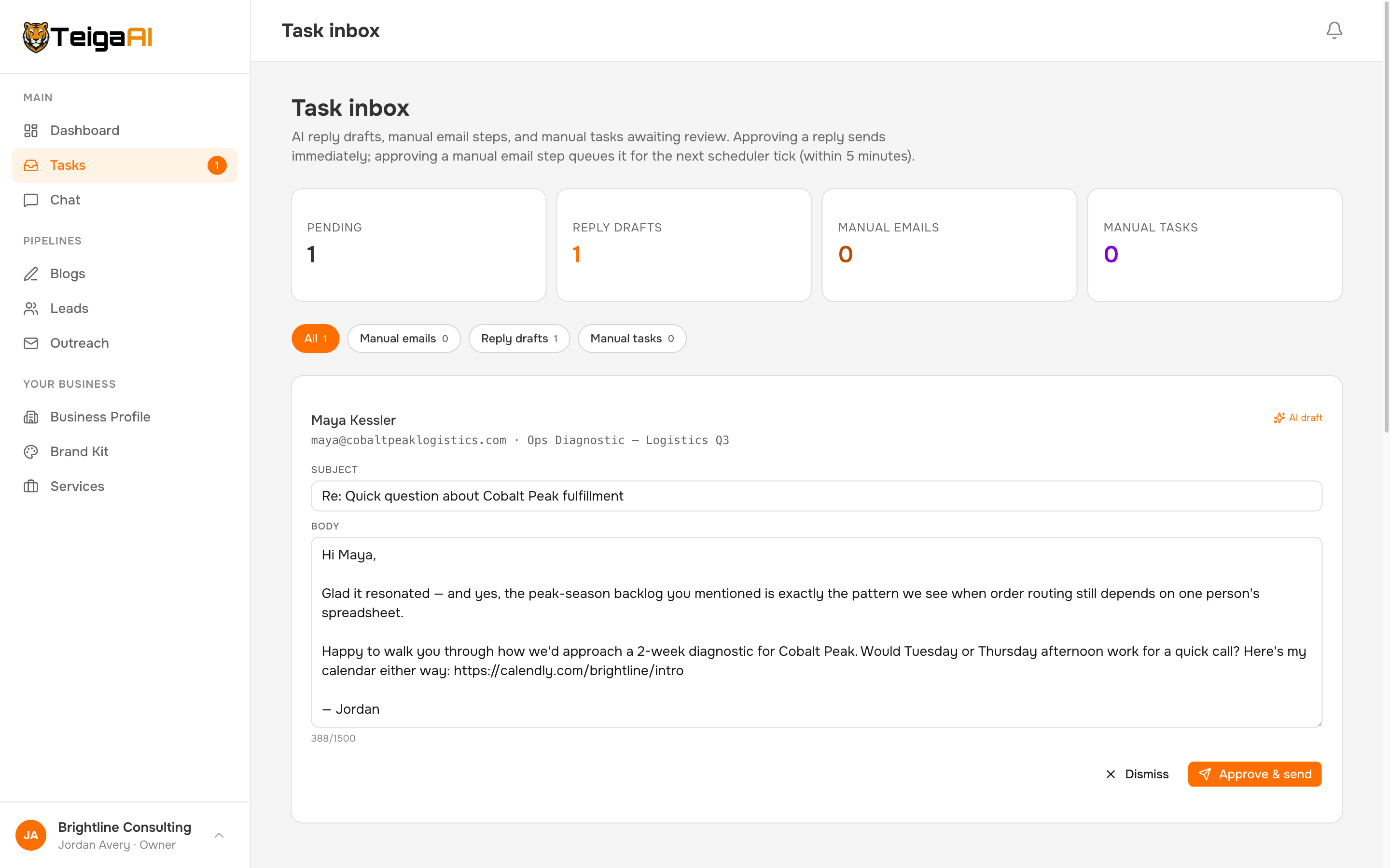 AI-drafted reply waiting for one-click approval in the task inbox