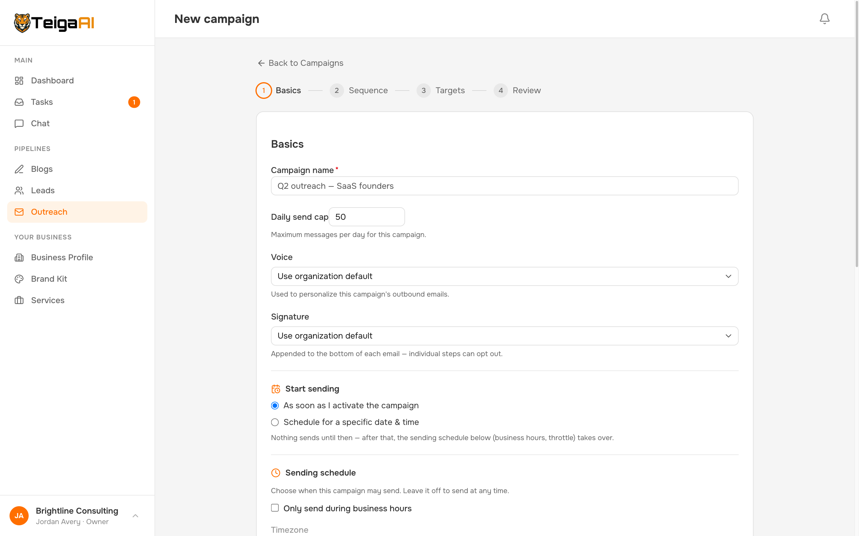The campaign wizard — sequence steps with Draft with AI available